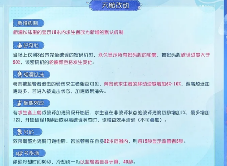 第五人格新版本求生者天赋有哪些变化 第五人格新版本求生者天赋有哪些变化