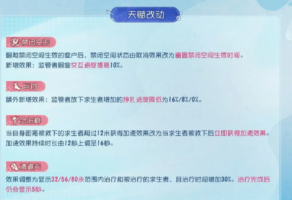 第五人格新版本监管者天赋有哪些变化 第五人格新版本监管者天赋有哪些变化